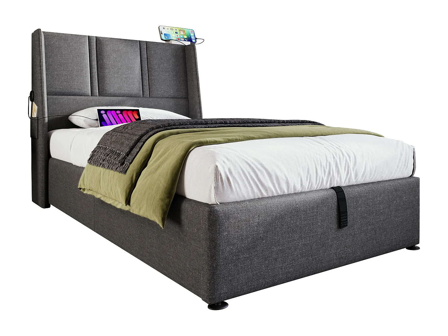 Cama de armazenamento 90 x 200 cm com cabeceira - Tomadas USB/Tipo C - Tecido de linho - Cinza (sem colchão)