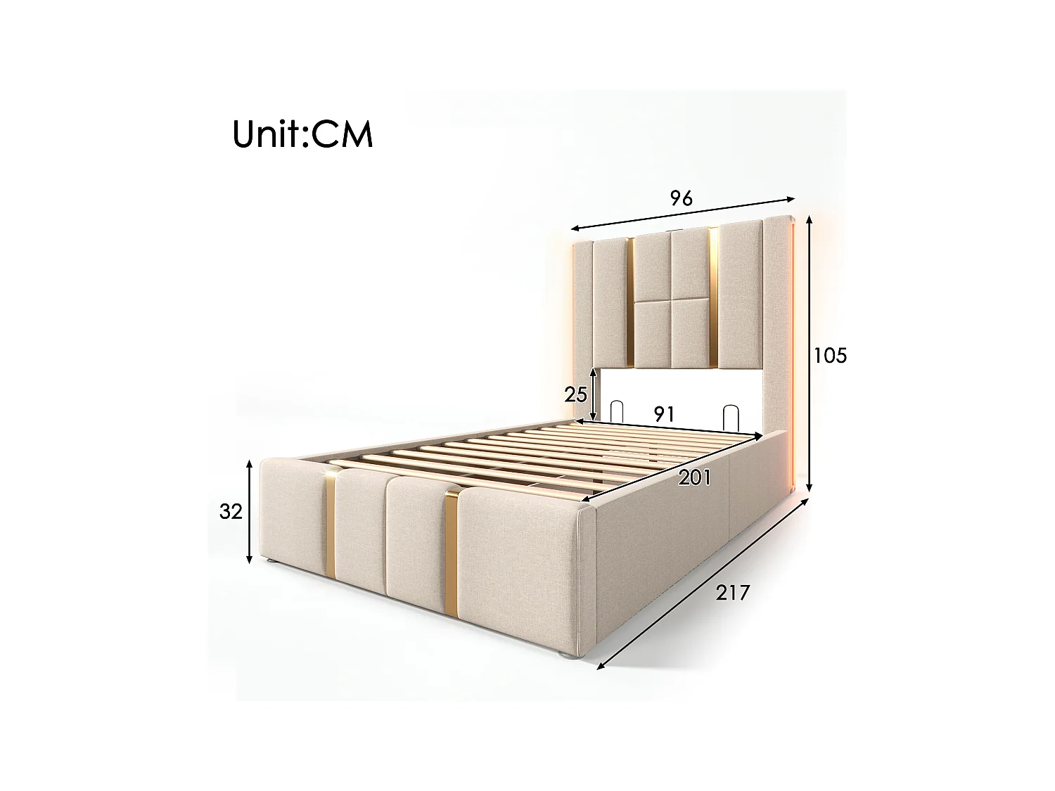 Cama contenedor 90 x 200 cm con cabecero - Tomas USB y Tipo C - LED - Tela de lino - Beige (sin colchón)