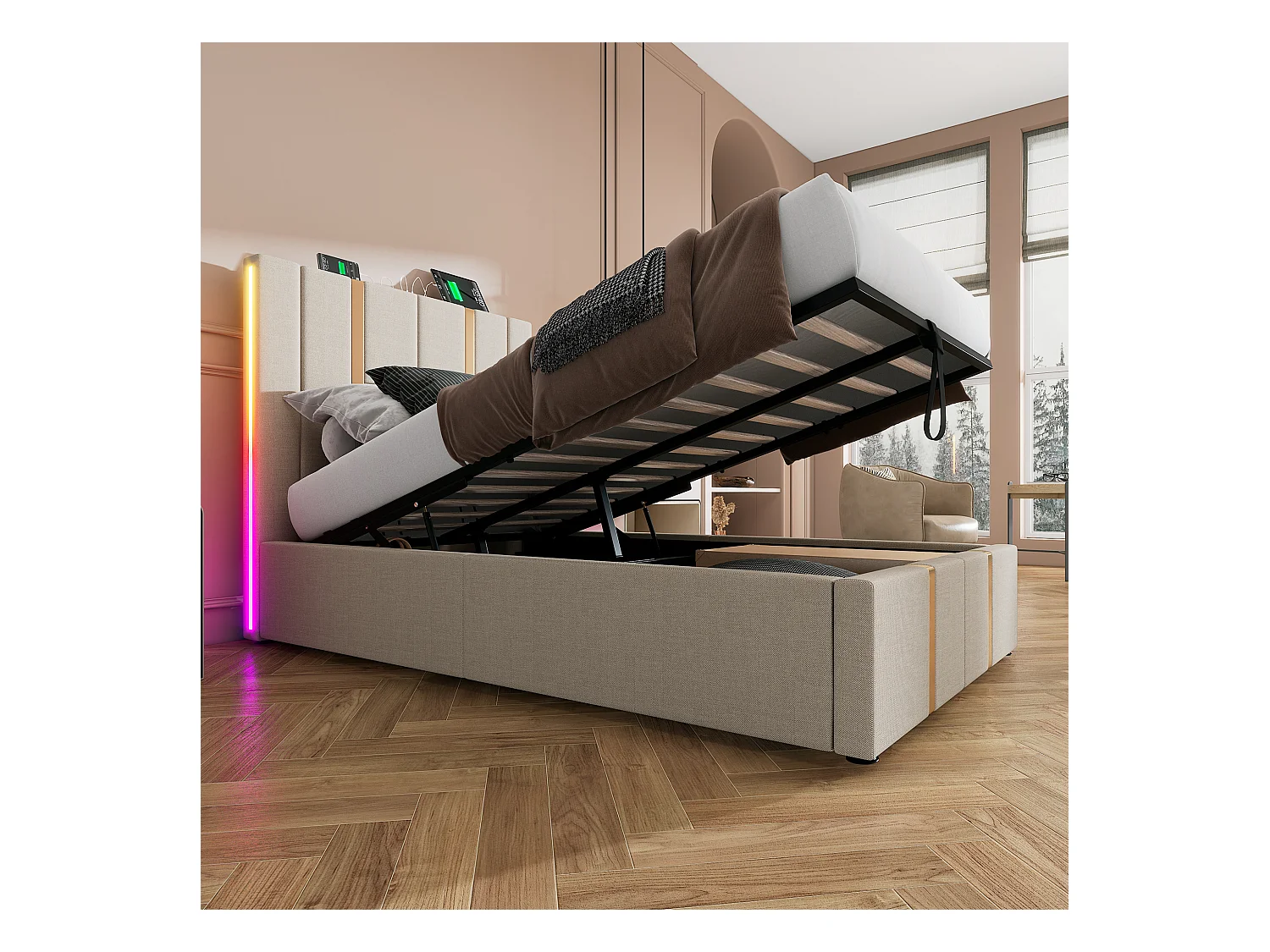 Cama contenedor 90 x 200 cm con cabecero - Tomas USB y Tipo C - LED - Tela de lino - Beige (sin colchón)