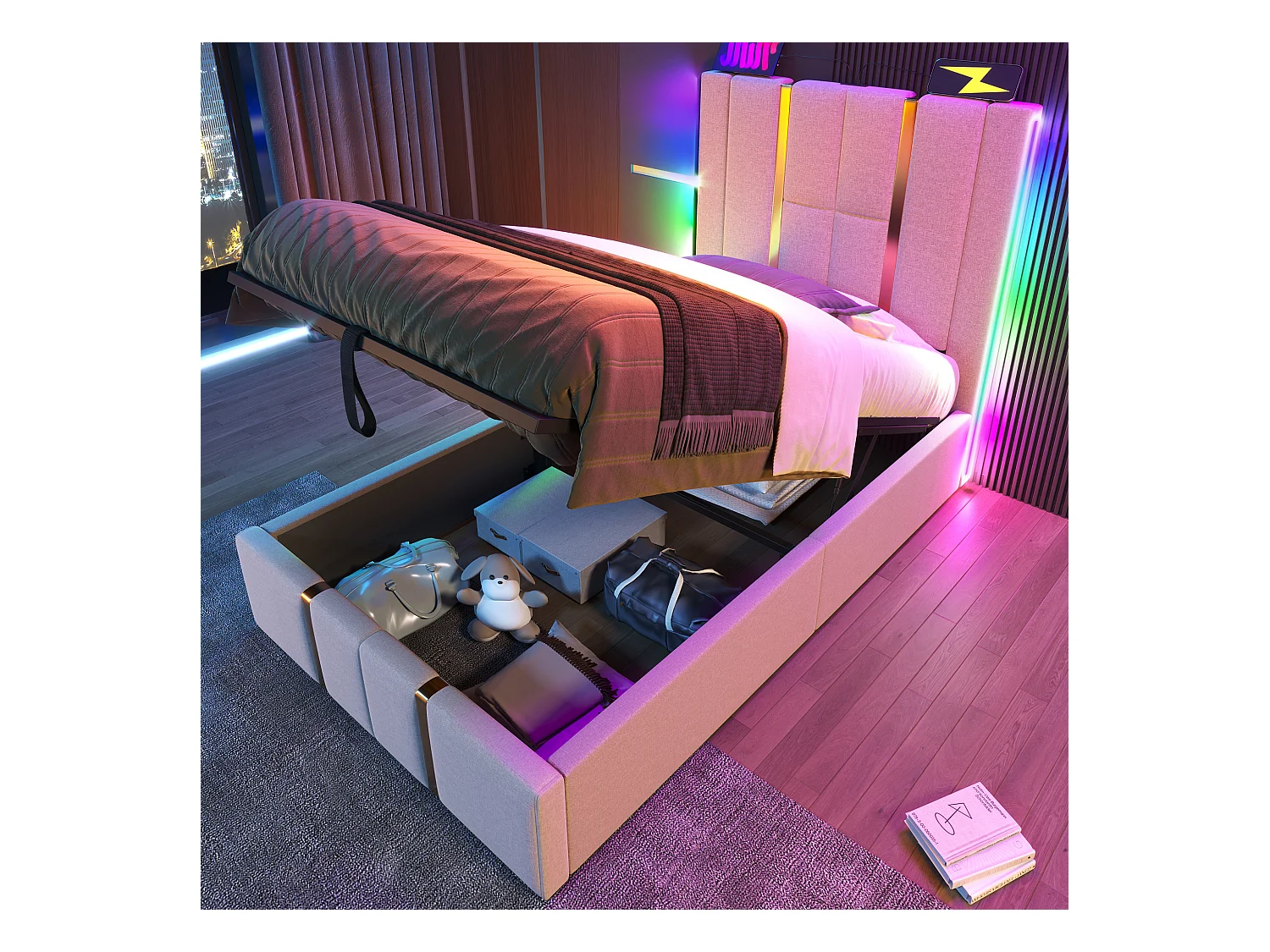 Lit coffre 90 x 200 cm avec tête de lit - Prises USB et Type-C - LEDs - Tissu en lin - Beige (sans matelas)