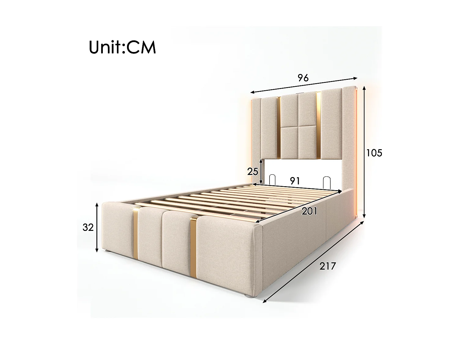 Lit coffre 90 x 200 cm avec tête de lit - Prises USB et Type-C - LEDs - Tissu en lin - Beige (sans matelas)