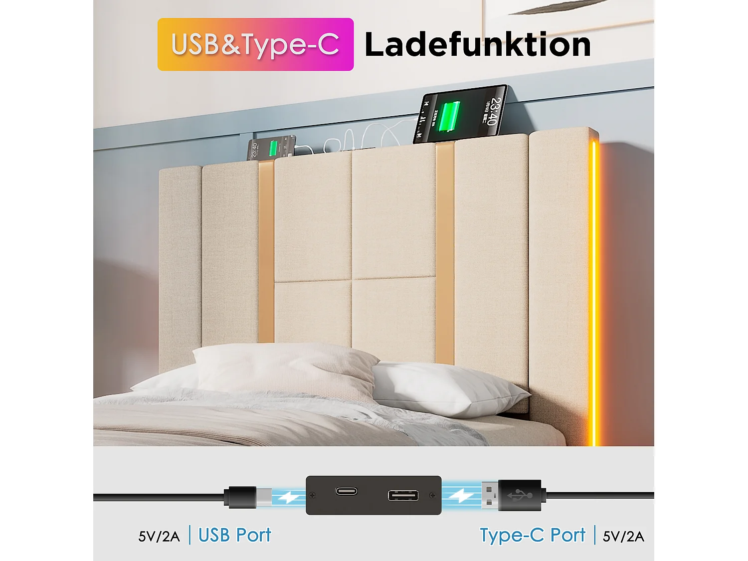 Lit coffre 90 x 200 cm avec tête de lit - Prises USB et Type-C - LEDs - Tissu en lin - Beige (sans matelas)