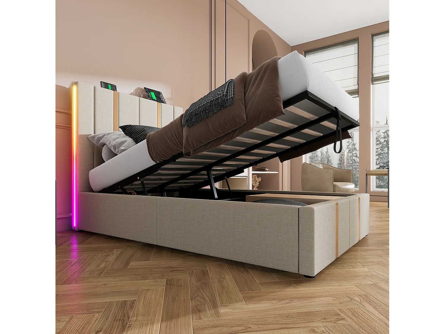 Lit coffre 90 x 200 cm avec tête de lit - Prises USB et Type-C - LEDs - Tissu en lin - Beige (sans matelas)