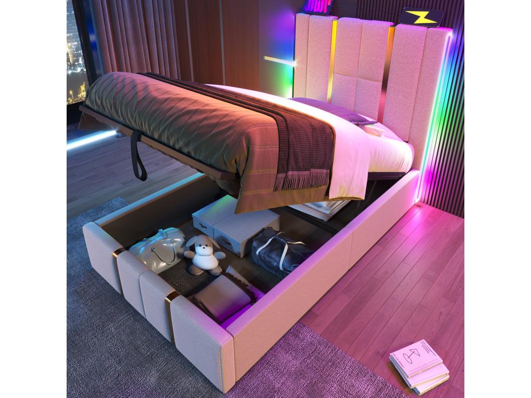 Opbergbed 90 x 200 cm met hoofdeinde - USB- en Type-C-aansluitingen - LED's - Linnenstof - Beige (zonder matras)