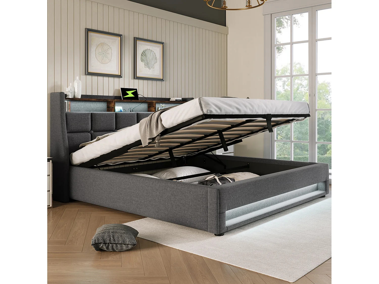 Letto contenitore 180 x 200 cm con testiera contenitore - Presa USB e led - Tessuto Lino - Grigio - Senza materasso