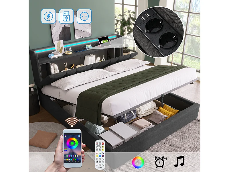 Lit coffre 140 x 200 cm avec tête de lit rangement - Eclairage LED et chargement USB - Tissu en lin - Gris