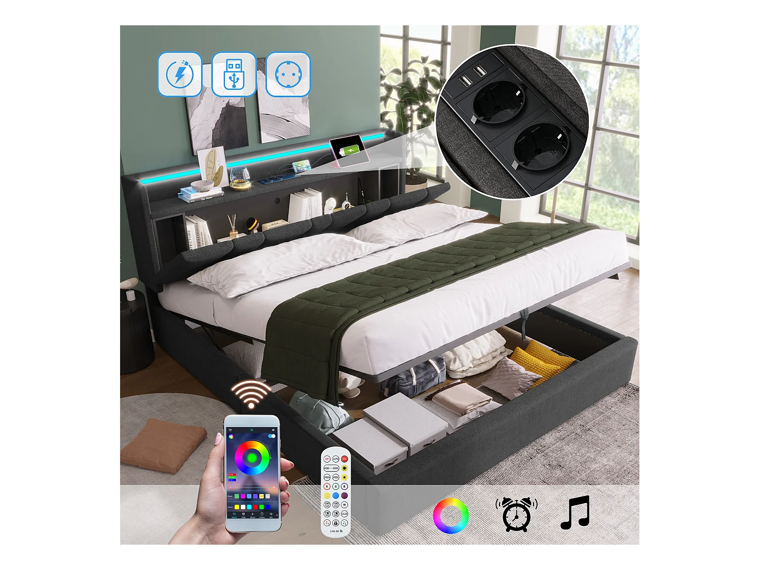 Lit coffre 140 x 200 cm avec tête de lit rangement - Eclairage LED et chargement USB - Tissu en lin - Gris