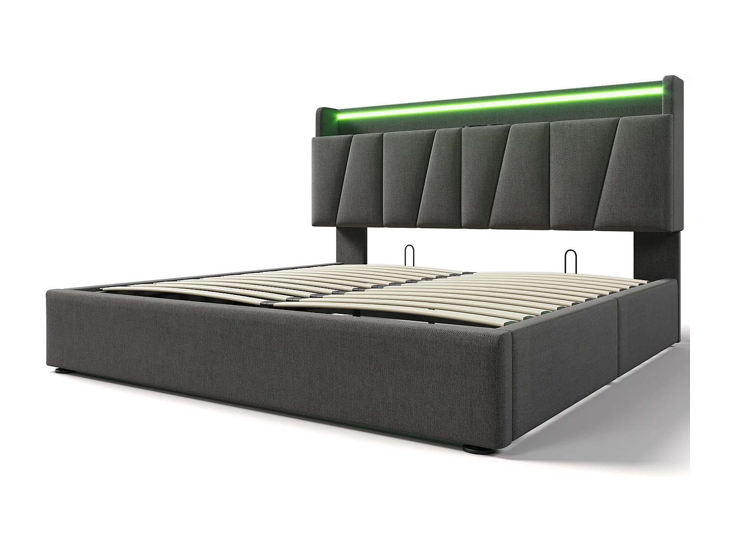 Lit coffre 140 x 200 cm avec tête de lit rangement - Eclairage LED et chargement USB - Tissu en lin - Gris