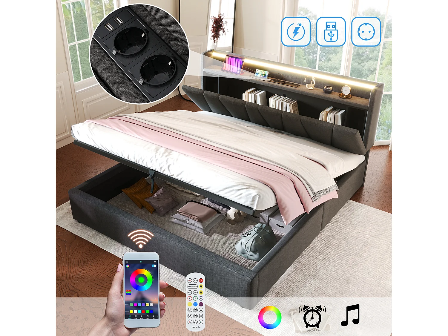 Lit coffre 140 x 200 cm avec tête de lit rangement - Eclairage LED et chargement USB - Tissu en lin - Gris