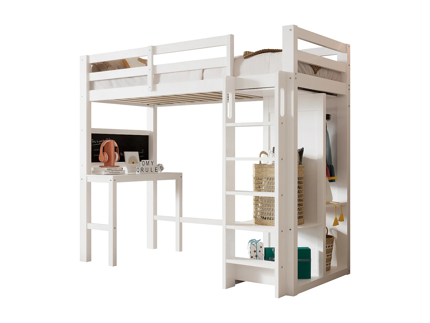 Lit mezzanine 90 x 200 cm pour enfant avec bureau, armoire et étagères - Bois de pin et MDF - Blanc
