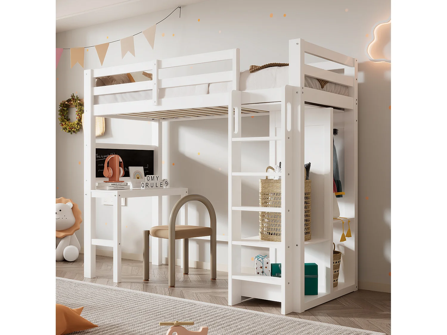 Lit mezzanine 90 x 200 cm pour enfant avec bureau, armoire et étagères - Bois de pin et MDF - Blanc