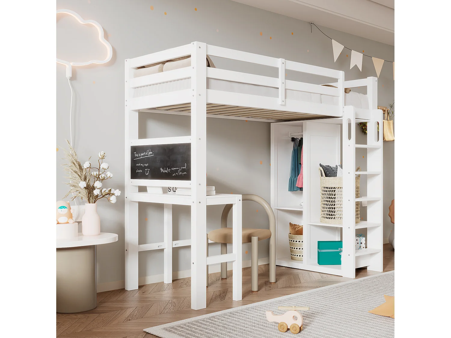 Lit mezzanine 90 x 200 cm pour enfant avec bureau, armoire et étagères - Bois de pin et MDF - Blanc