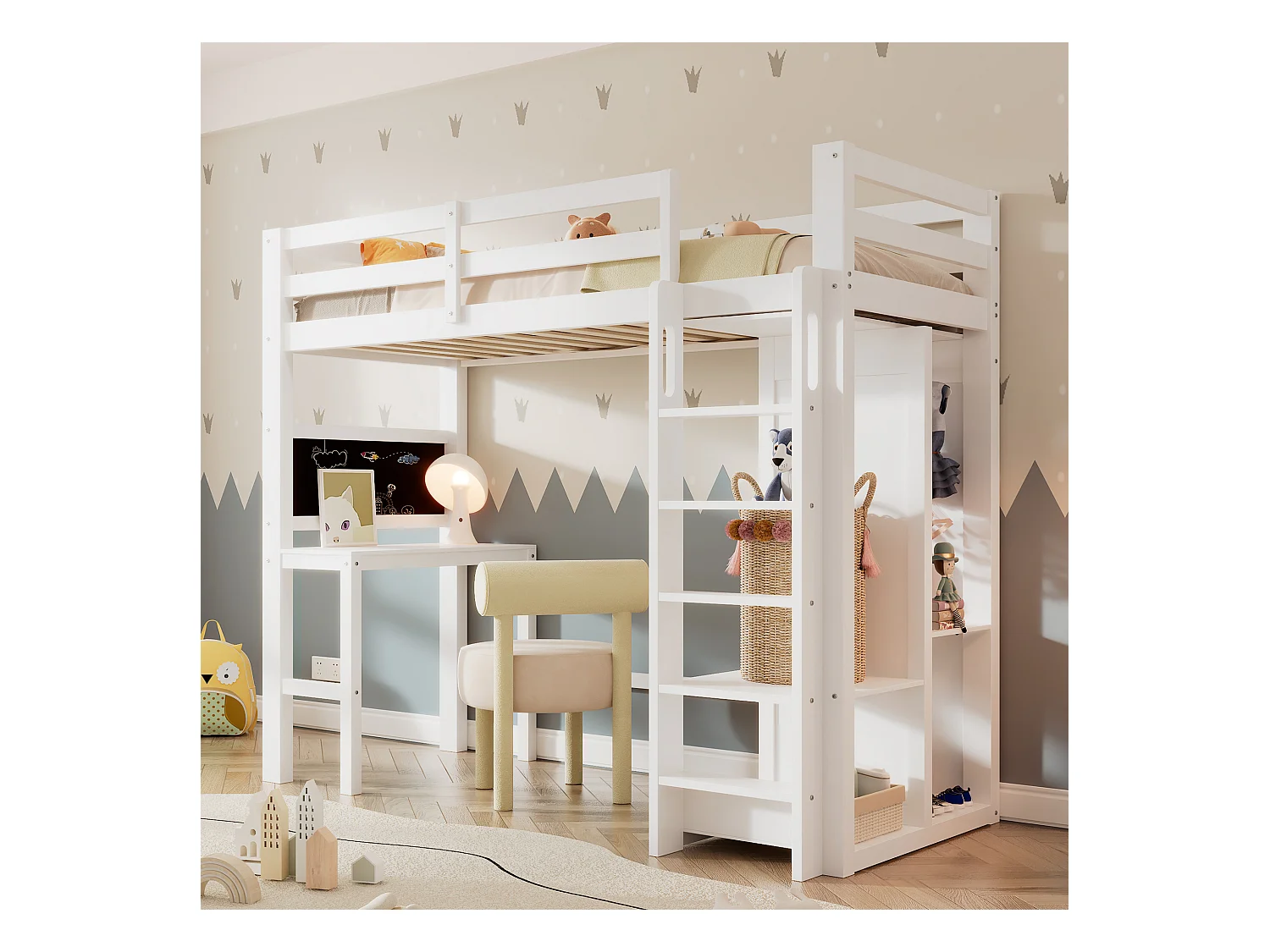 Lit mezzanine 90 x 200 cm pour enfant avec bureau, armoire et étagères - Bois de pin et MDF - Blanc