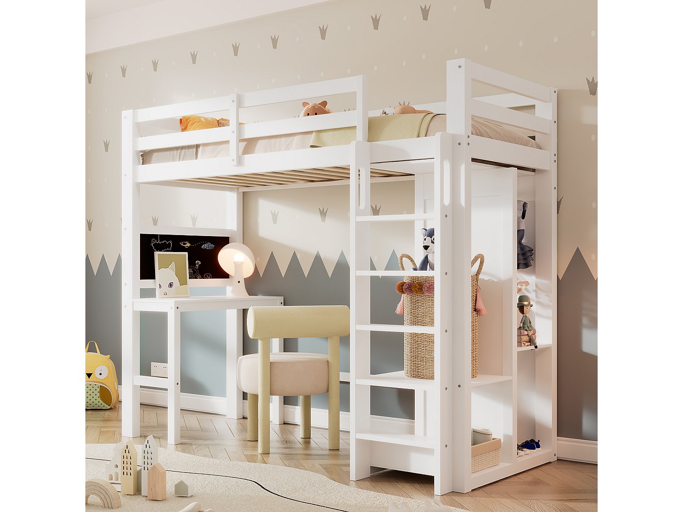 HAINEW Hoogslaper, kinderbed, 90 × 200 cm, met bureau en kast, wit houten bed met opbergruimte, trap en 2 laden, stapelbed, bedframe, functioneel bed, stapelbed, tienerbed, zonder matras