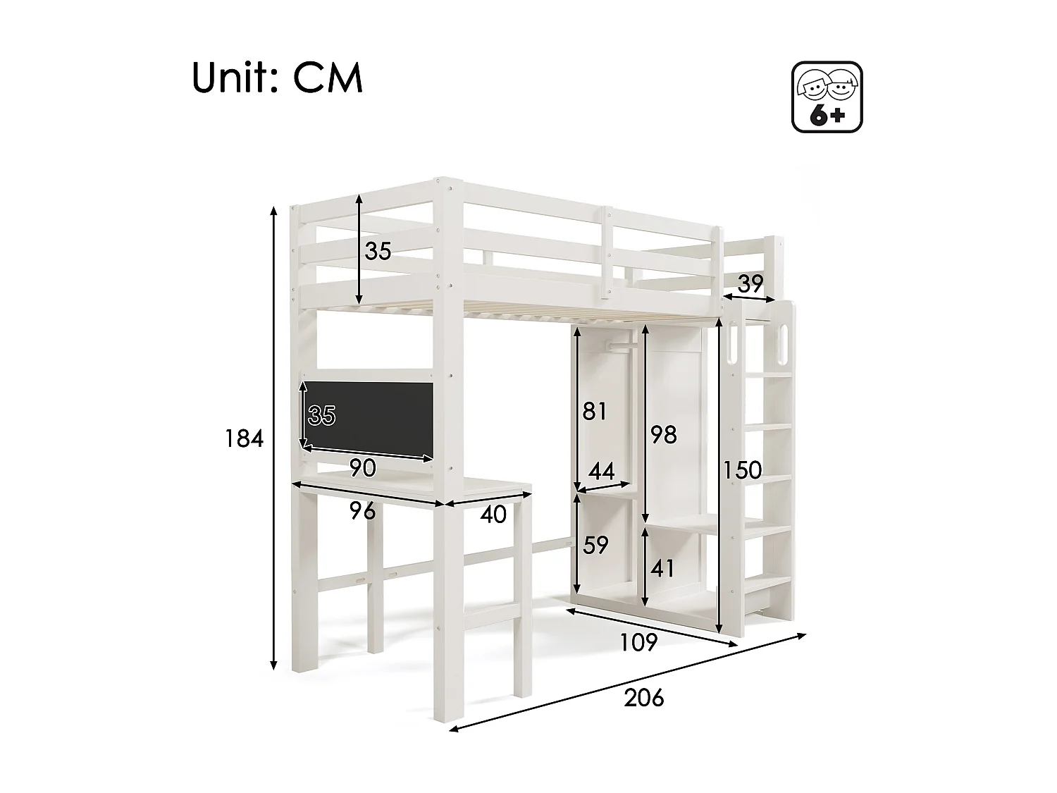 Hoogslaper 90 x 200 cm voor kinderen met bureau, kledingkast en planken - Grenenhout en MDF - Wit