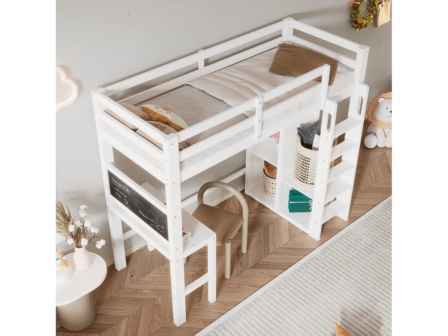 Hoogslaper 90 x 200 cm voor kinderen met bureau, kledingkast en planken - Grenenhout en MDF - Wit