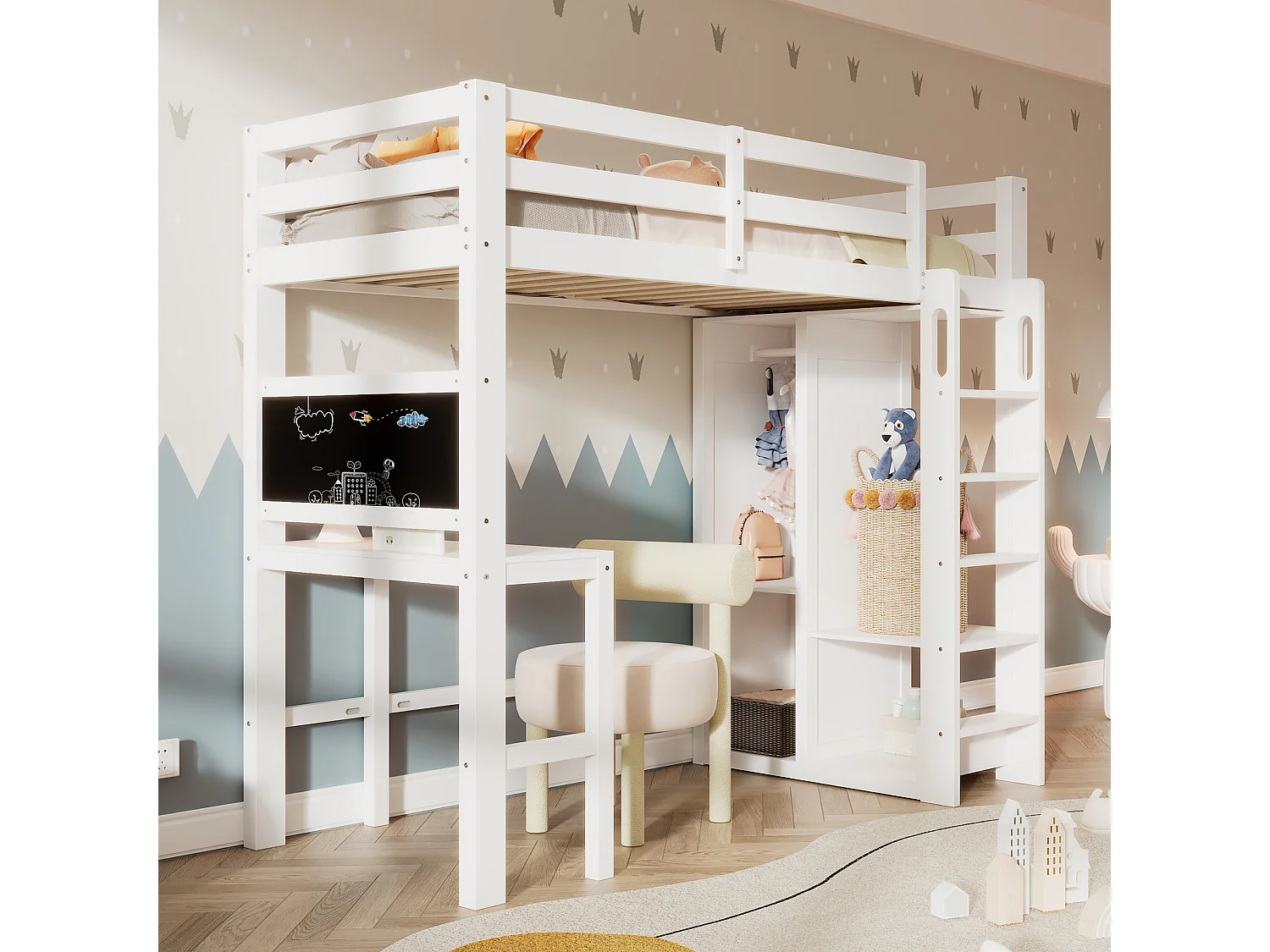 Hoogslaper 90 x 200 cm voor kinderen met bureau, kledingkast en planken - Grenenhout en MDF - Wit