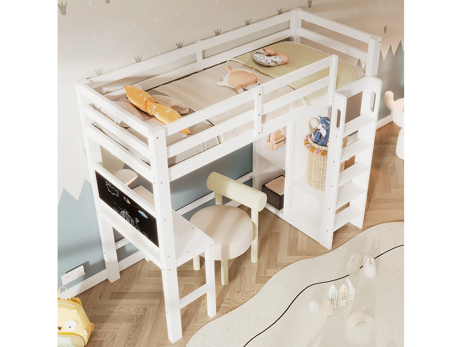 Hoogslaper 90 x 200 cm voor kinderen met bureau, kledingkast en planken - Grenenhout en MDF - Wit