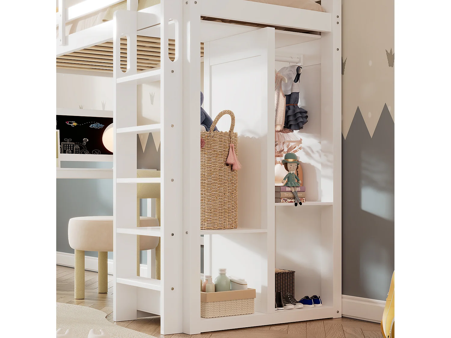 Hoogslaper 90 x 200 cm voor kinderen met bureau, kledingkast en planken - Grenenhout en MDF - Wit