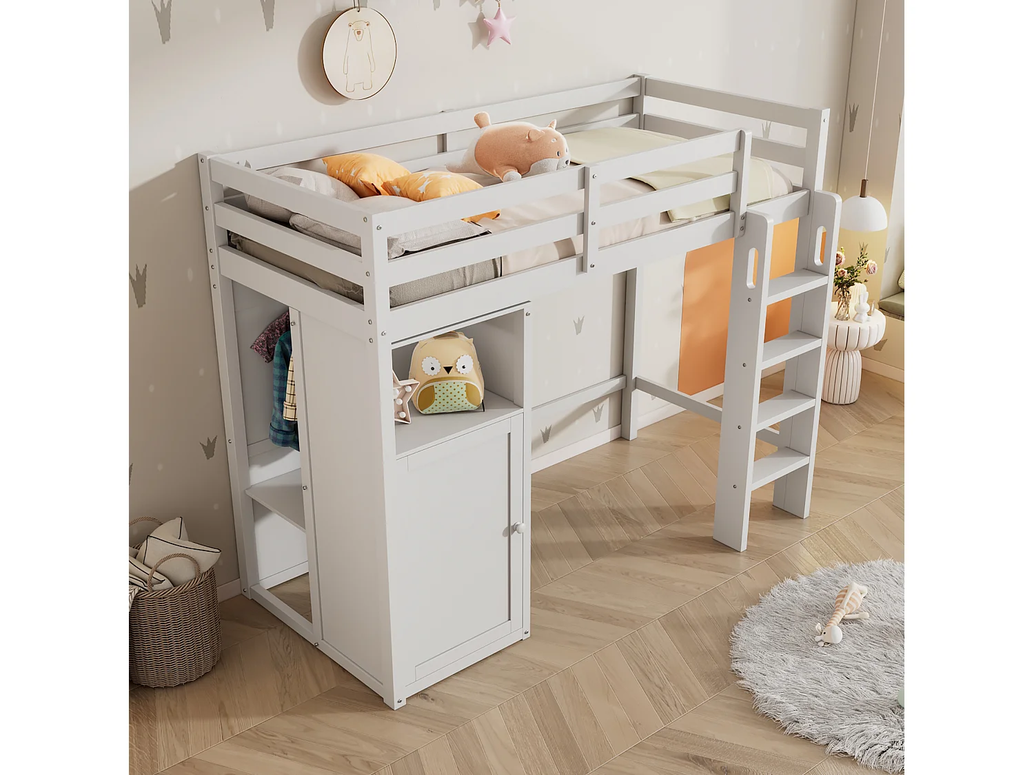 Lit mezzanine 90 x 200 cm pour enfant avec armoire et étagères - Bois de pin et MDF - Blanc