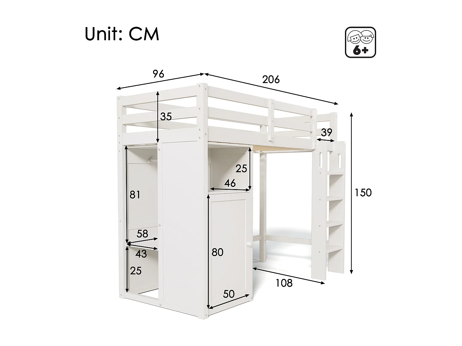 Lit mezzanine 90 x 200 cm pour enfant avec armoire et étagères - Bois de pin et MDF - Blanc