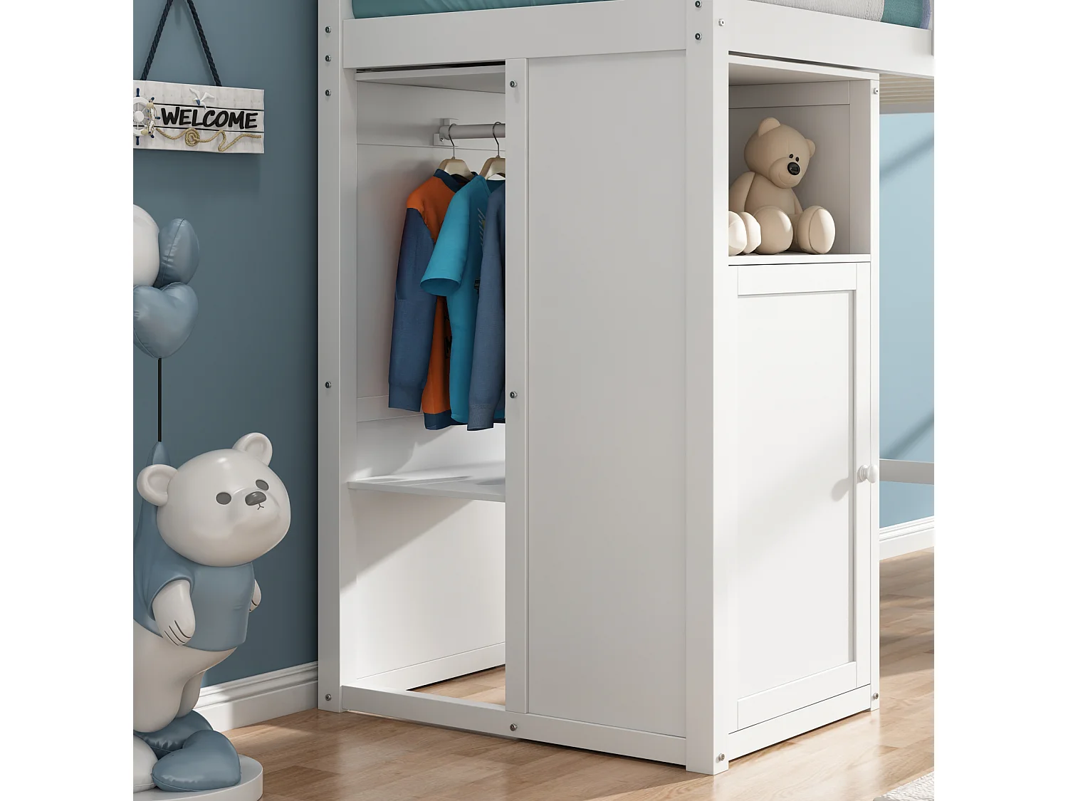 Lit mezzanine 90 x 200 cm pour enfant avec armoire et étagères - Bois de pin et MDF - Blanc