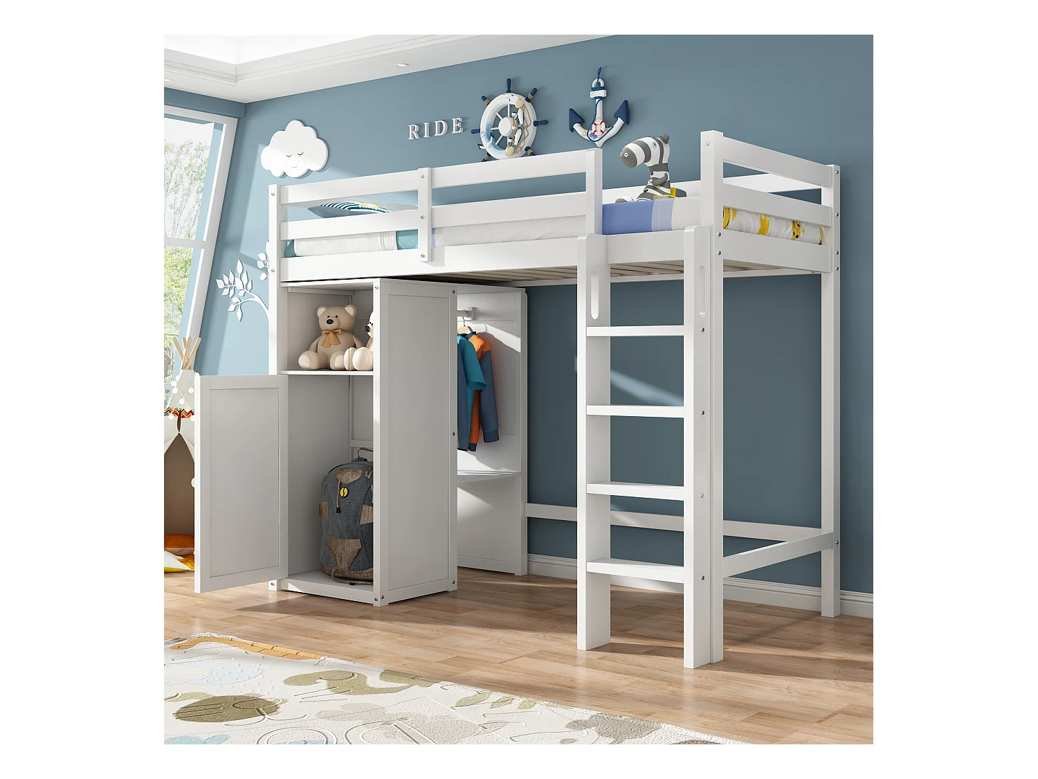 Lit mezzanine 90 x 200 cm pour enfant avec armoire et étagères - Bois de pin et MDF - Blanc