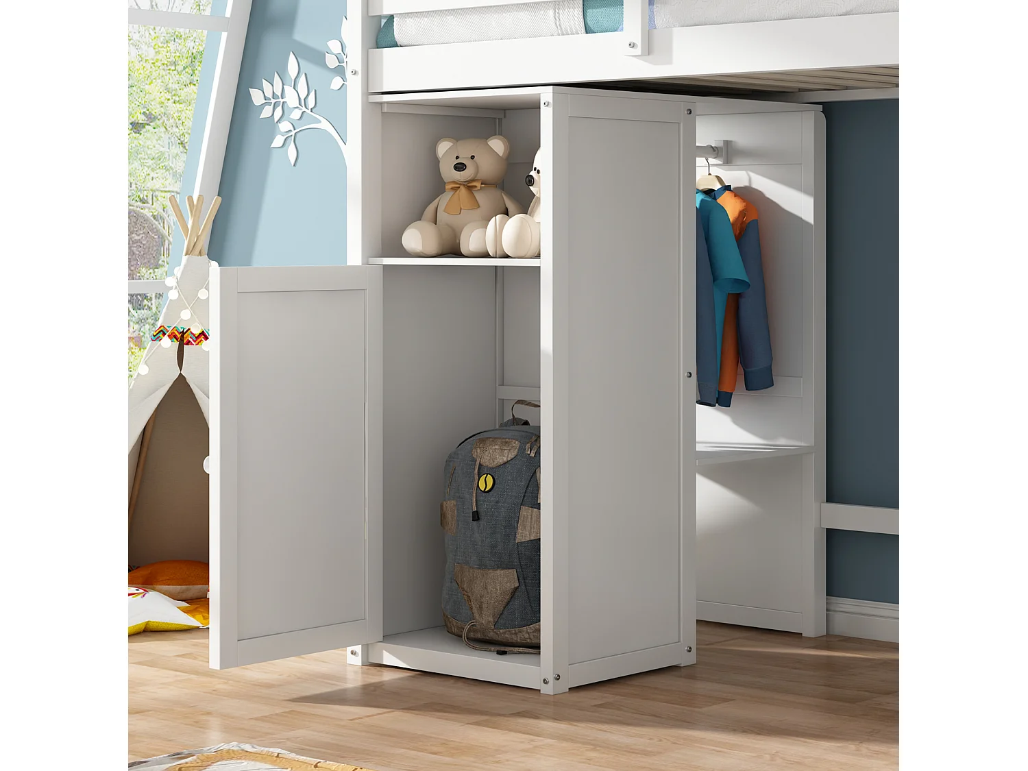 Lit mezzanine 90 x 200 cm pour enfant avec armoire et étagères - Bois de pin et MDF - Blanc