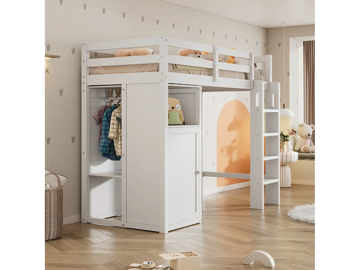 Hoogslaper 90 x 200 cm voor kinderen met kledingkast en planken - Grenenhout en MDF - Wit