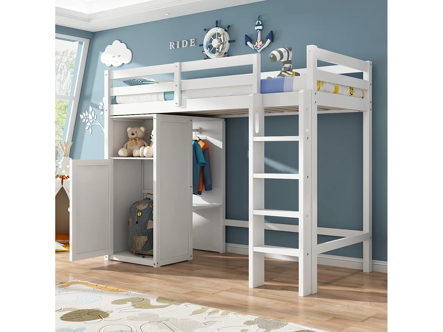 Hoogslaper 90 x 200 cm voor kinderen met kledingkast en planken - Grenenhout en MDF - Wit