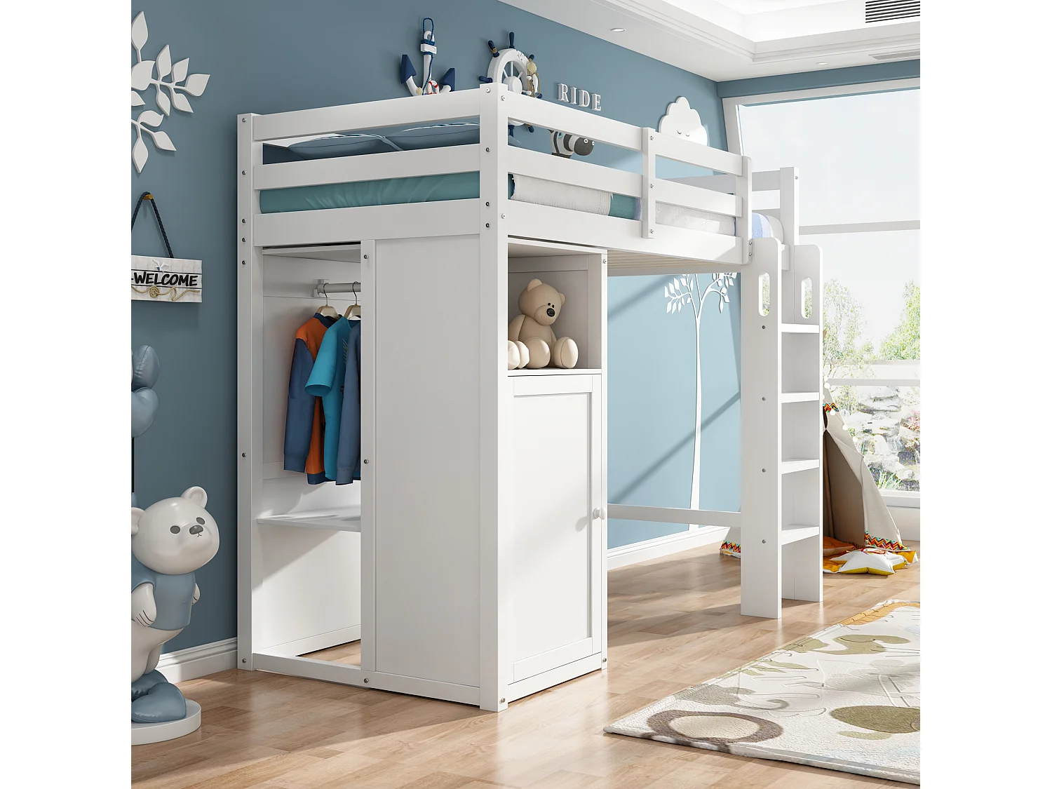 Hoogslaper 90 x 200 cm voor kinderen met kledingkast en planken - Grenenhout en MDF - Wit