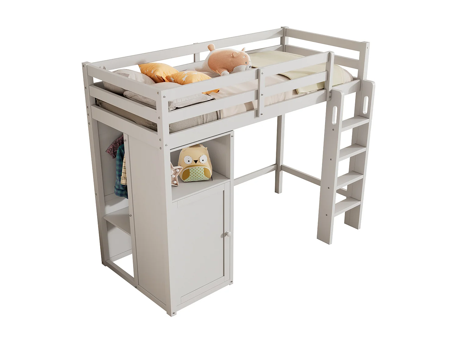 Hoogslaper 90 x 200 cm voor kinderen met kledingkast en planken - Grenenhout en MDF - Wit