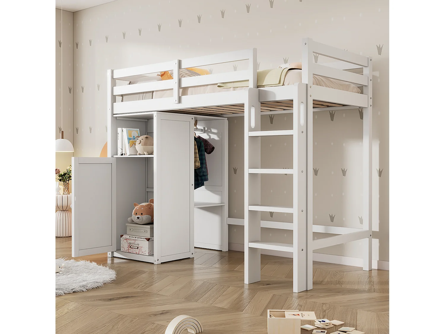 Hoogslaper 90 x 200 cm voor kinderen met kledingkast en planken - Grenenhout en MDF - Wit