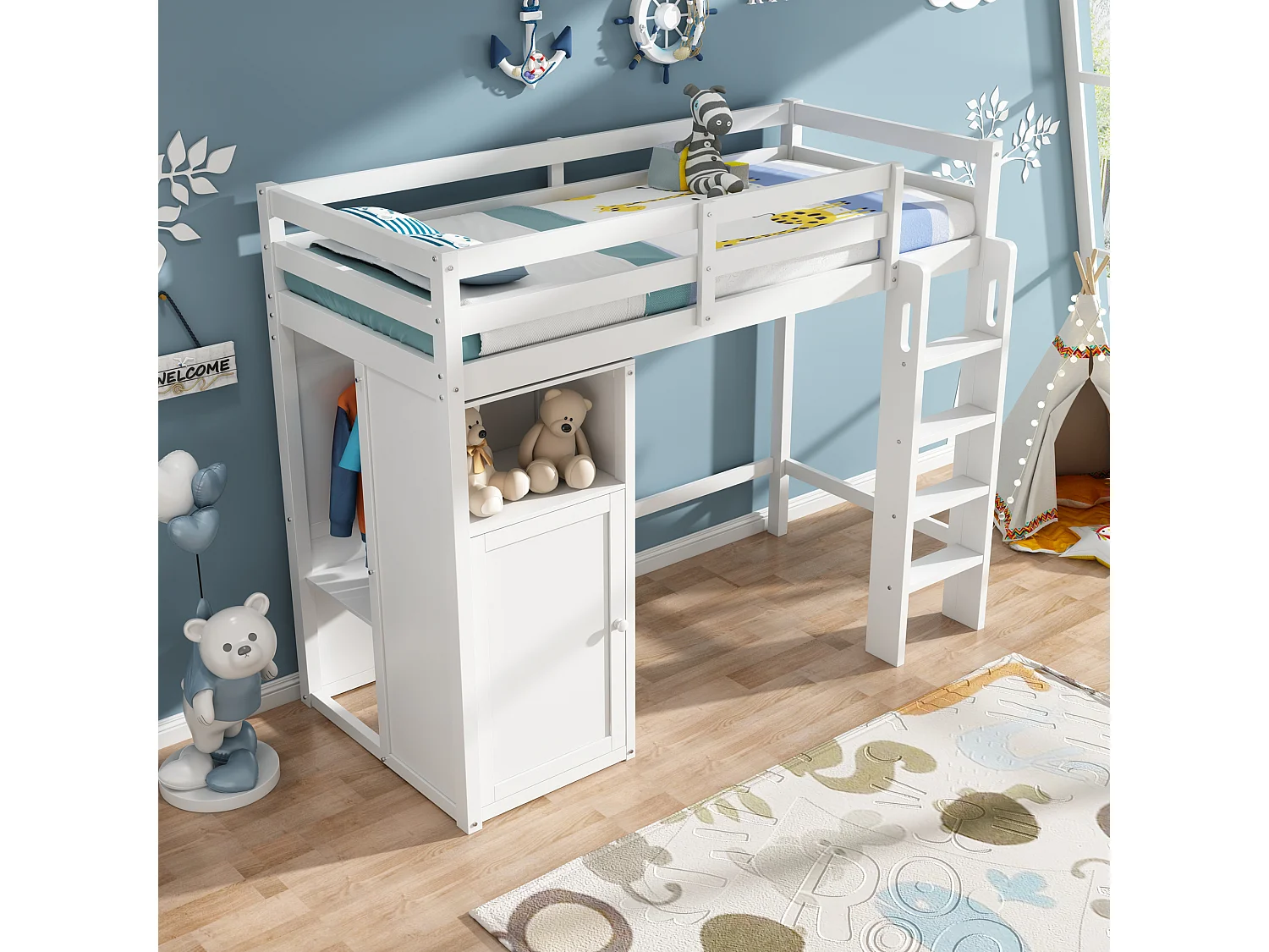Lit mezzanine 90 x 200 cm pour enfant avec armoire et étagères - Bois de pin et MDF - Blanc