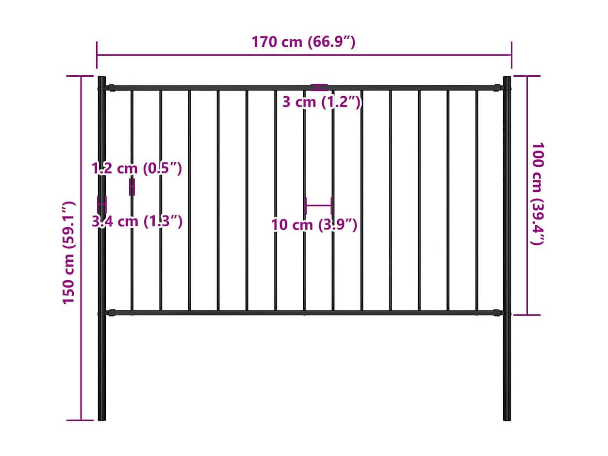 Panneau clôture et poteaux Acier enduit de poudre 1,7x1 m Noir FR358064