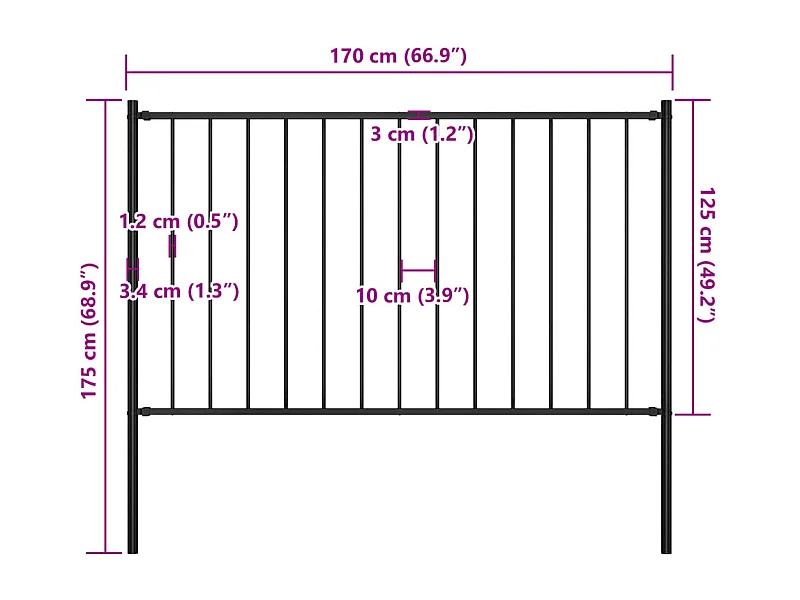 Panneau clôture et poteaux Acier enduit poudre 1,7x1,25 m Noir FR757087