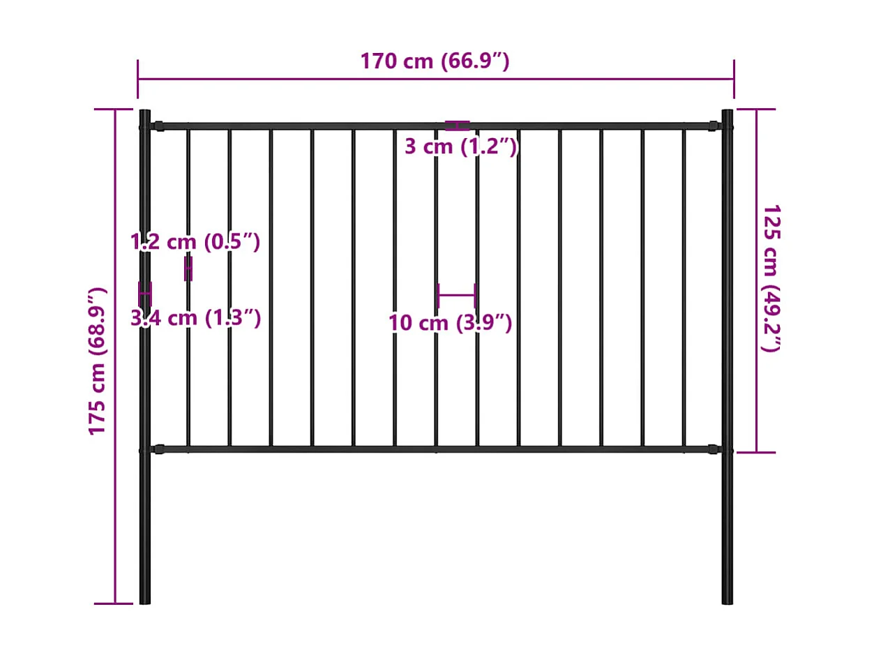 Panneau clôture et poteaux Acier enduit poudre 1,7x1,25 m Noir FR757087