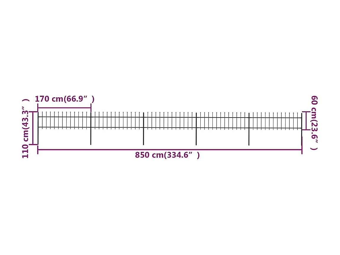 Clôture de jardin avec dessus en lance Acier 8,5 x 0,6 m Noir FR514990