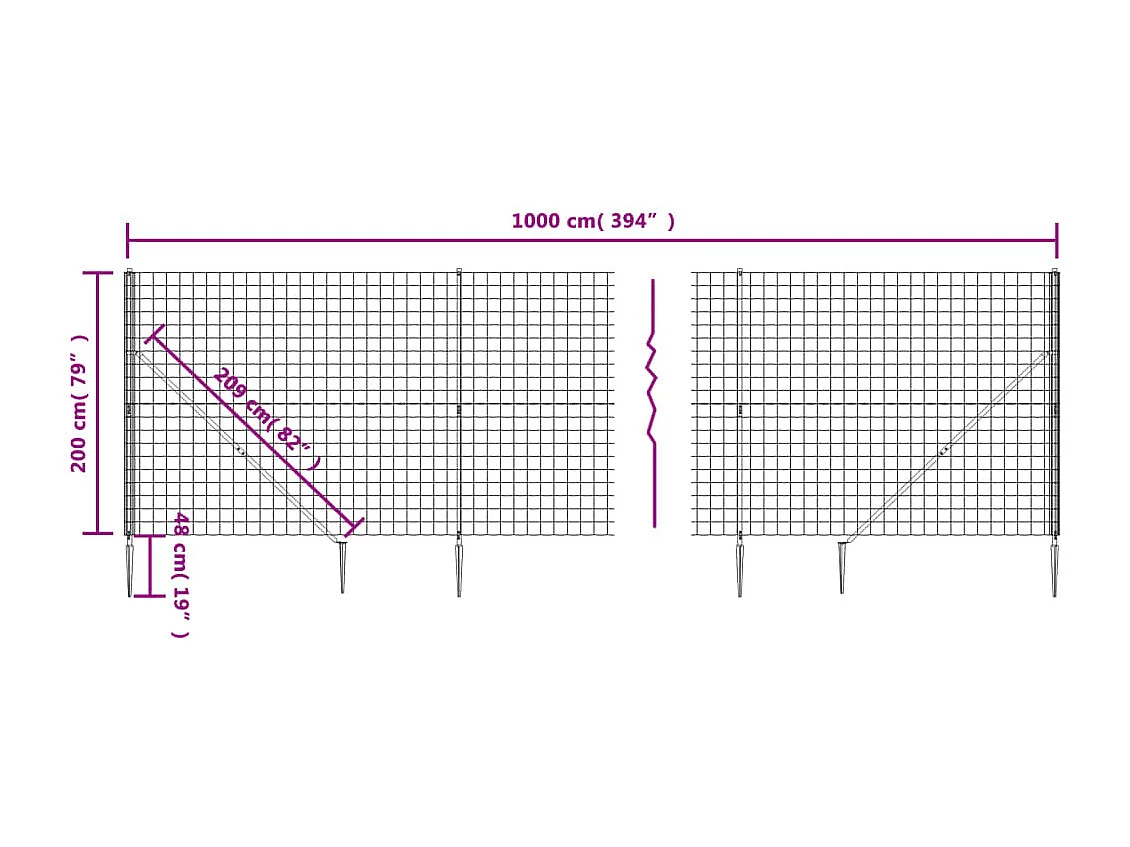 Clôture en treillis métallique et piquet d'ancrage vert 2x10m FR859675