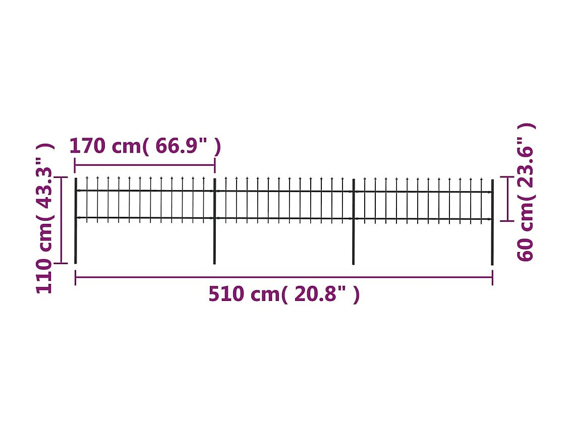 Clôture de jardin avec dessus en lance Acier 5,1 x 0,6 m Noir FR582407