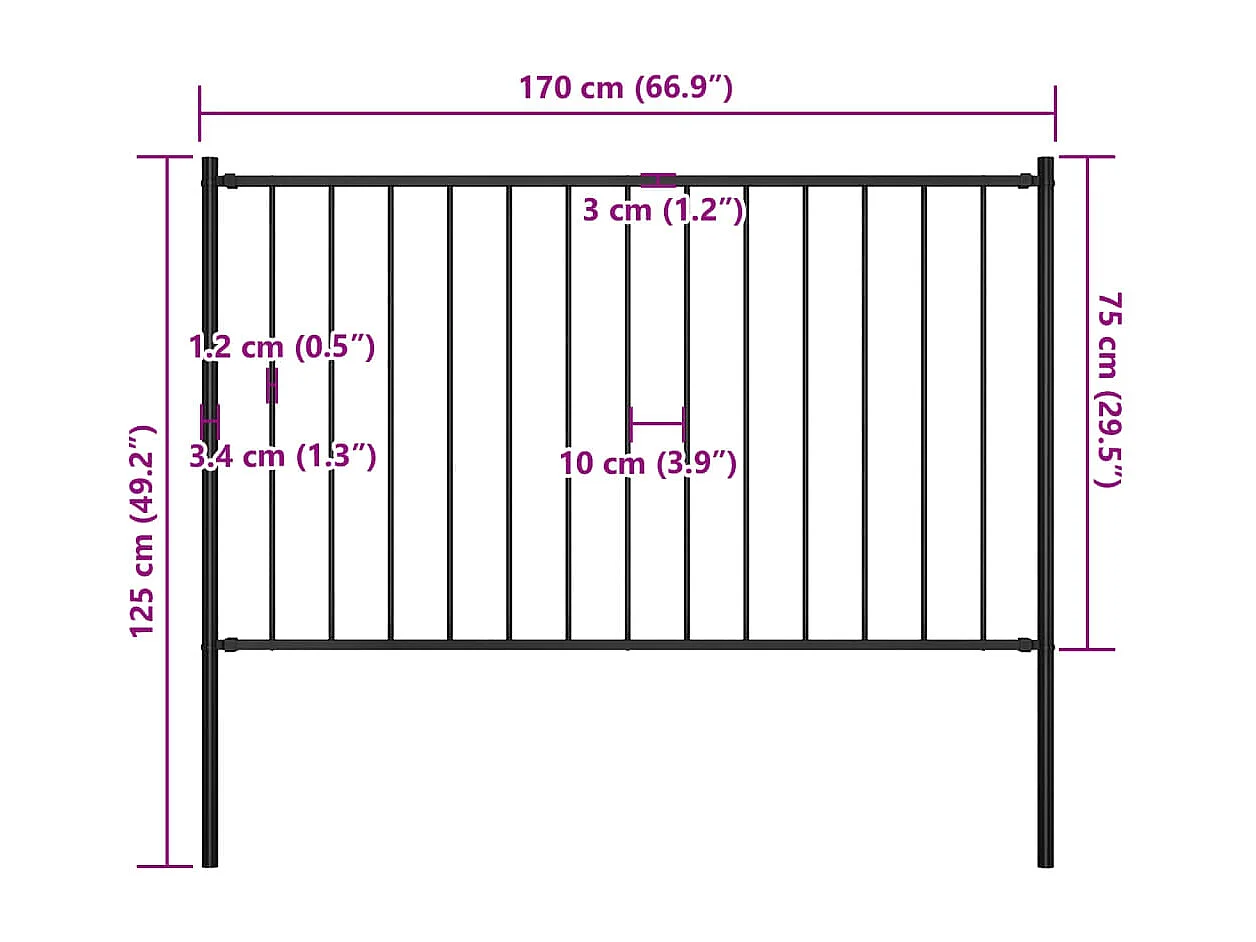 Panel valla y postes acero recubrimiento polvo negro 1,7x0,75 m ES917661