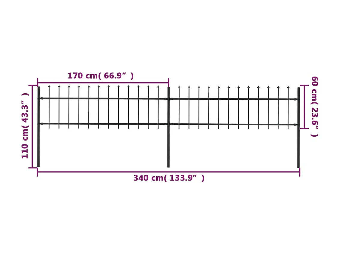 Clôture de jardin avec dessus en lance Acier 3,4 x 0,6 m Noir FR921293