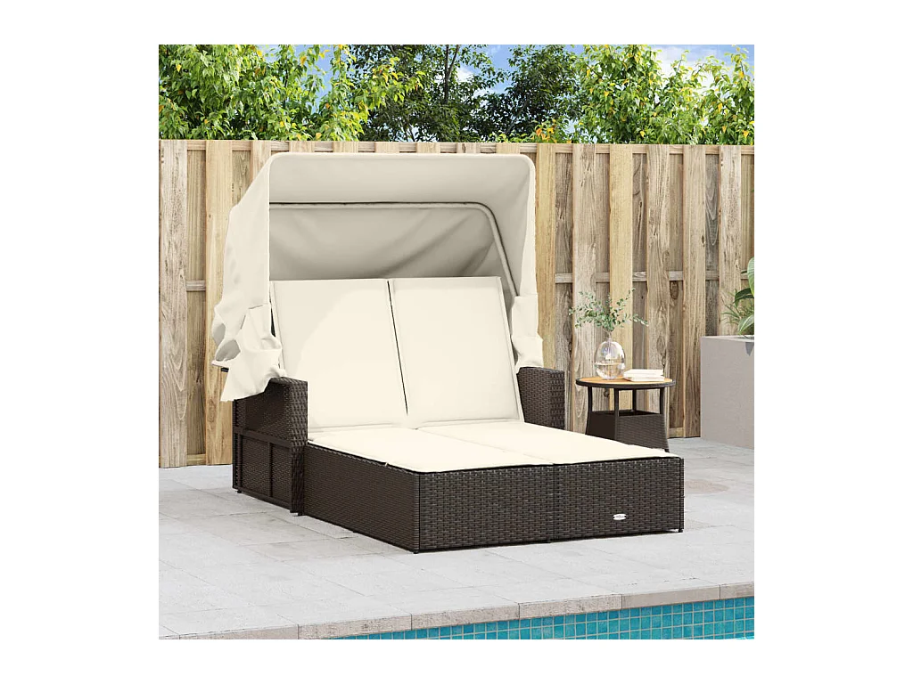 Bain de soleil double avec auvent et coussins marron poly rotin FR261461