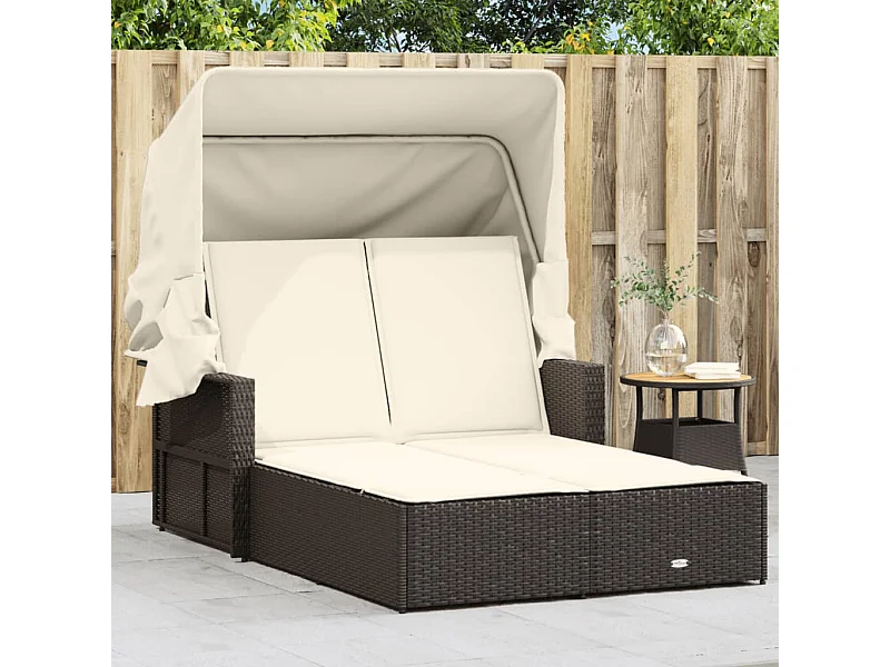 Ligbed 2-persoons met luifel en kussens poly rattan bruin BE153880