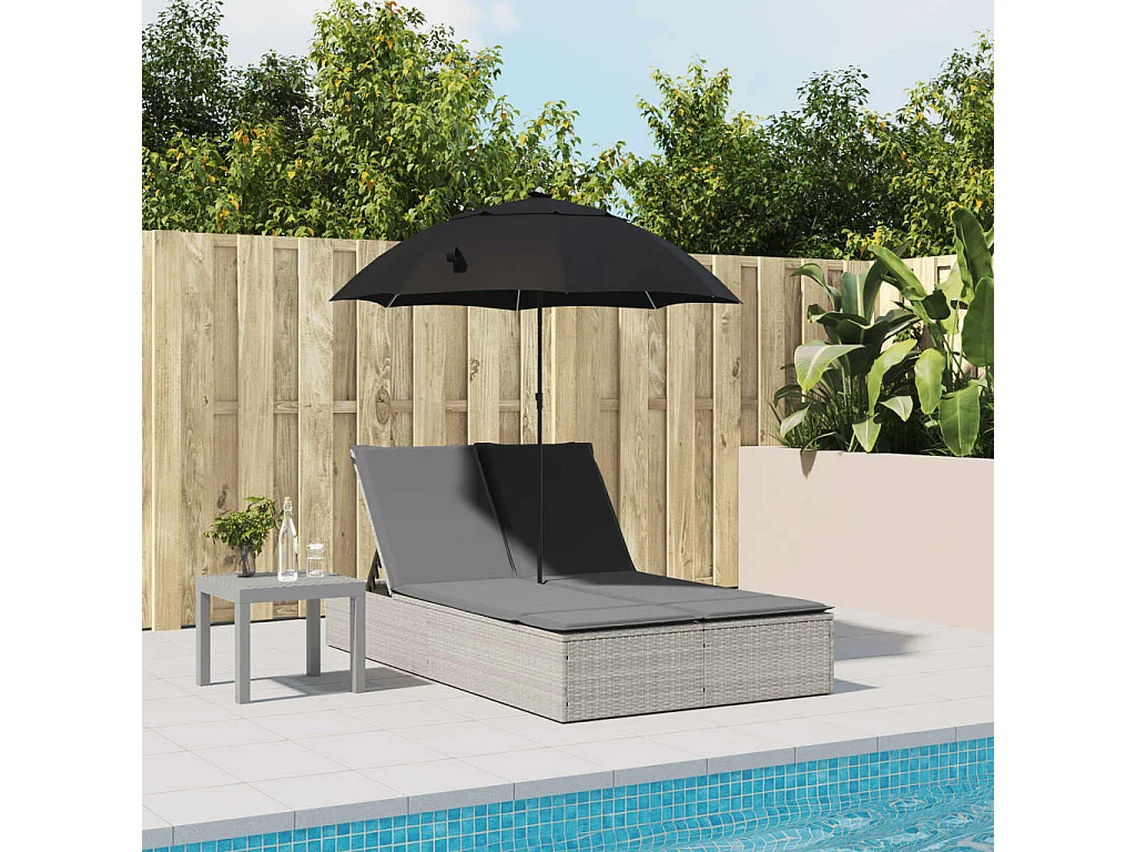 Bain de soleil double avec coussins et parasol gris clair rotin FR567020