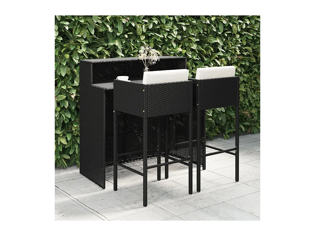 Meuble de bar de jardin 3 pcs et coussins Résine tressée Noir FR46601