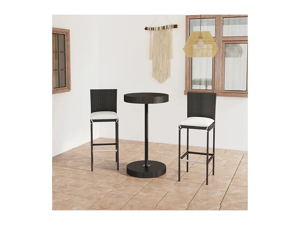 Meuble de bar de jardin 3 pcs et coussins Résine tressée Noir FR27221