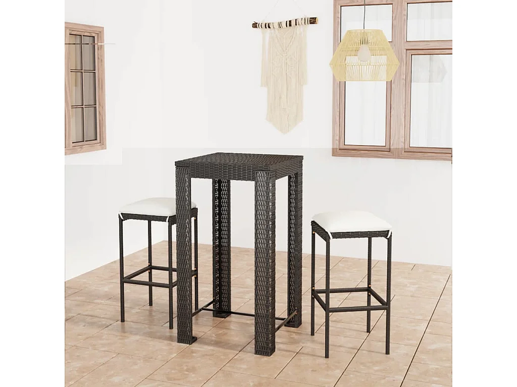 Meuble de bar de jardin 3 pcs et coussins Résine tressée Noir FR85816