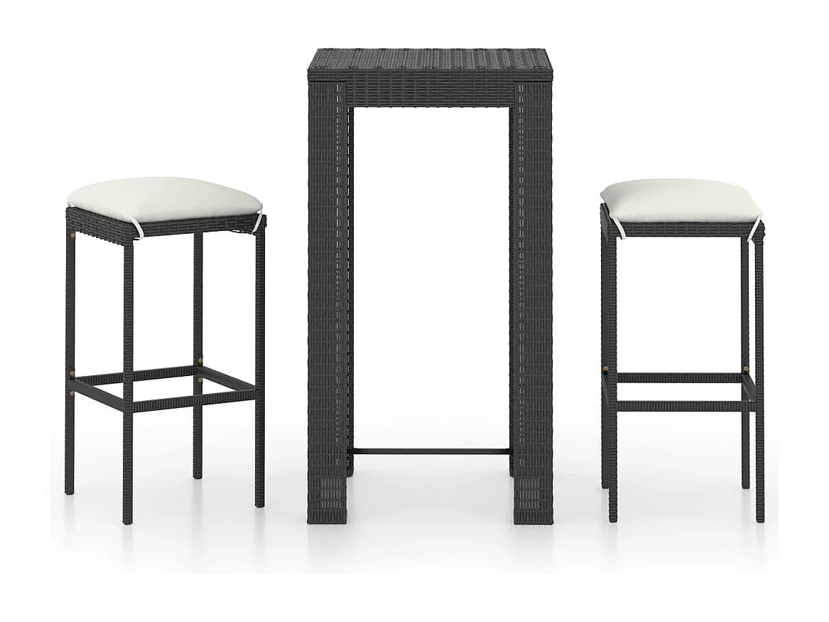 Meuble de bar de jardin 3 pcs et coussins Résine tressée Noir FR85816