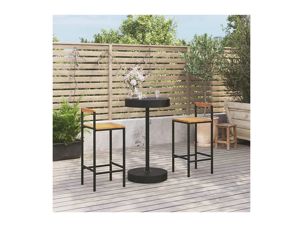 Meuble de bar de jardin 3 pcs noir poly rotin/bois massif acacia FR65794
